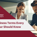 enterprise blog graphic, key business terms, man and woman at desk working