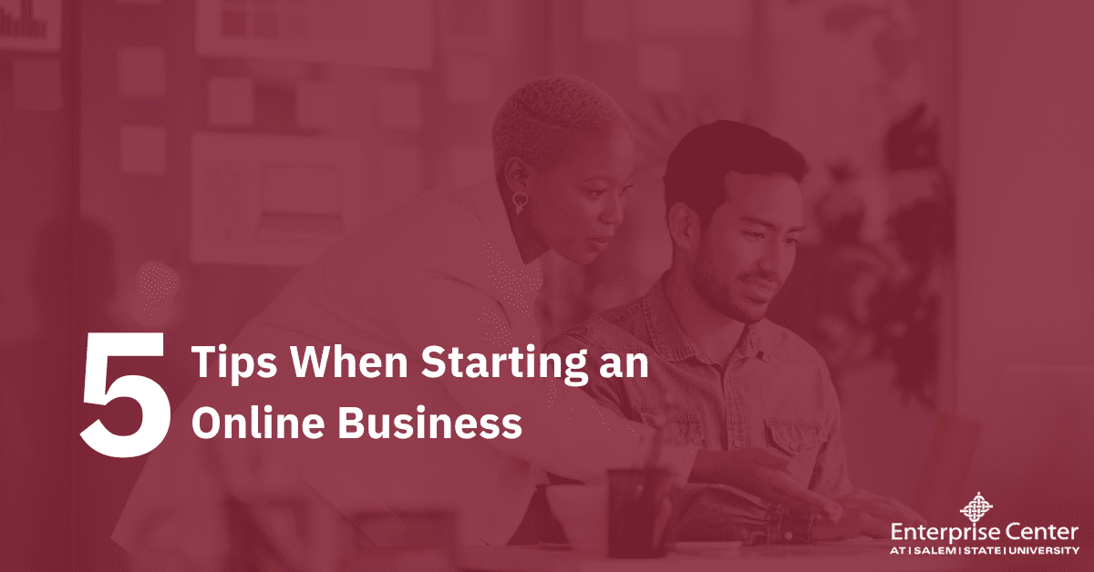 red and white title graphic "5 Tips WHen Starting an Online Business"
