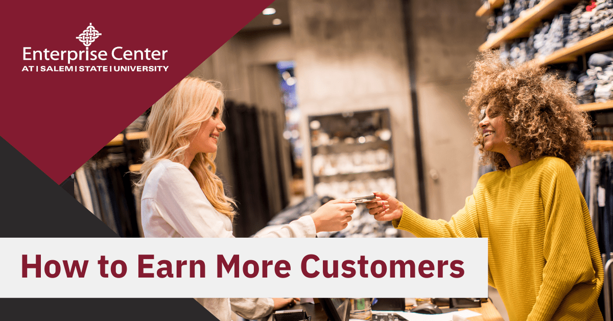 red and black blog and title graphic "How to Earn More Customers"